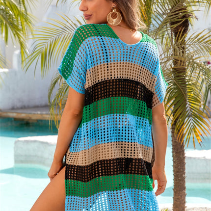 Openwork Striped V-Neck Short Sleeve Cover Up