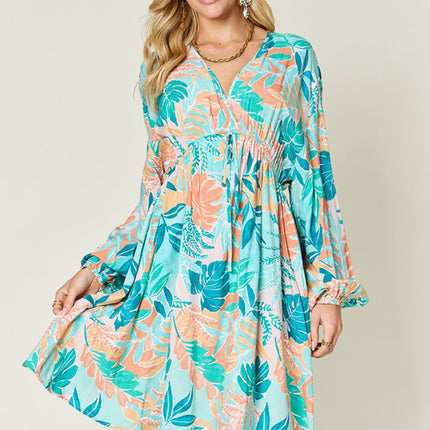 Double Take Full Size Printed V-Neck Drawstring Dress