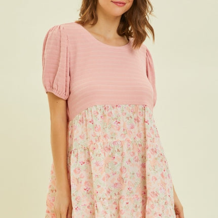 HEYSON Full Size Round Neck Floral Ruffle Hem Mini Dress