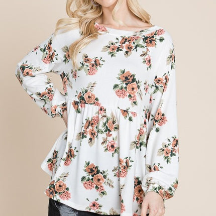 Super Lady Full Size Babydoll Floral Boat Neck Long Sleeve Blouse