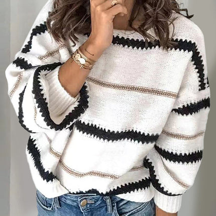 Contrast Striped Round Neck Long Sleeve Sweater