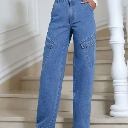 High Waist Straight Leg Jeans with Pockets