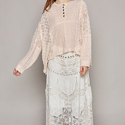 POL Round Neck Long Sleeve Raw Edge Lace Top