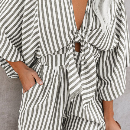 Bow Striped Kimono Sleeve Romper