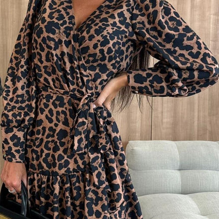 Tied Leopard Surplice Long Sleeve Dress