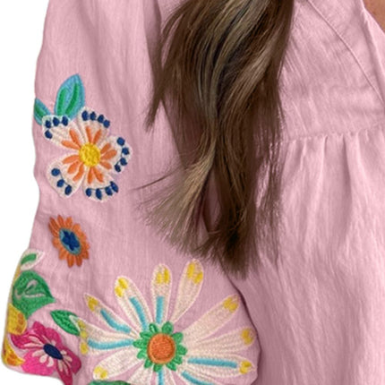 Embroidered Tie Neck Half Sleeve Blouse