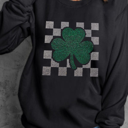 Rhinestone Checkered Lucky Clover Round Neck Sweatshirt