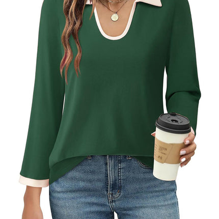 Contrast Collared Neck Long Sleeve Top