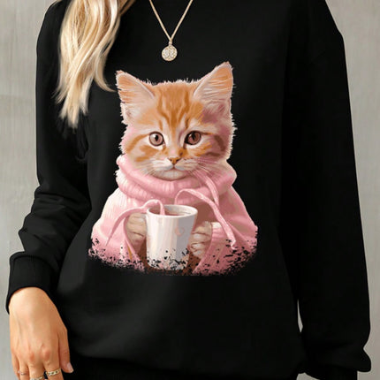 Cat Round Neck Long Sleeve Sweatshirt