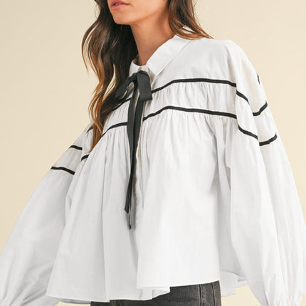 Ribbon Bowtie Collared Neck Flounce Sleeve Shirt