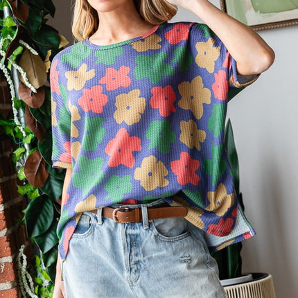 HOPELY Full Size Floral Round Neck Side Slit T-Shirt