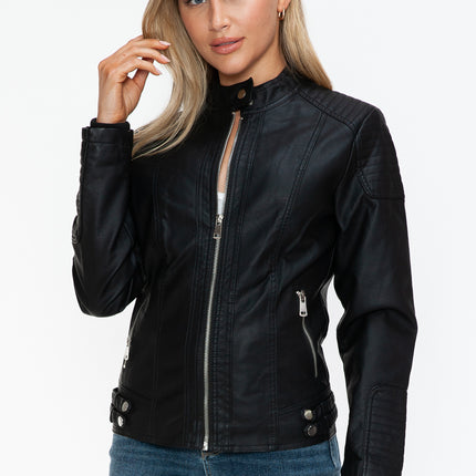 Snobbish Faux Leather Biker Jacket with Side Zip Pockets