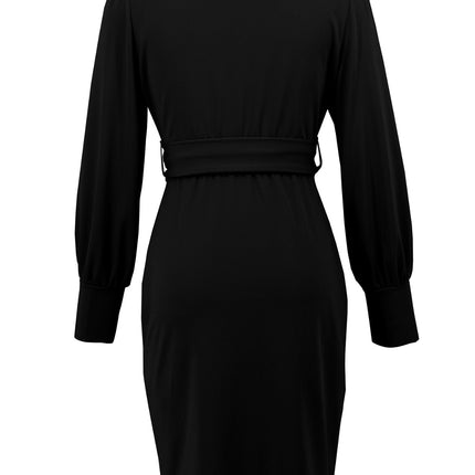 Slit V-Neck Long Sleeve Knee Length Dress