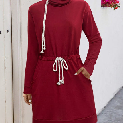 Drawstring Turtleneck Long Sleeve Mini Dress