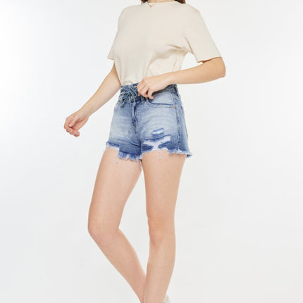 Kancan High Rise Frayed Hem Denim Shorts