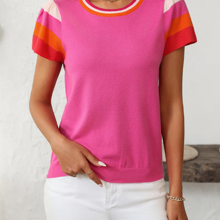 Mandy Contrast Round Neck Short Sleeve Knit Top