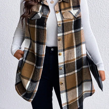 Honey Plus Size Pocketed Plaid Button Up Vest Coat - Vickie Lynn's