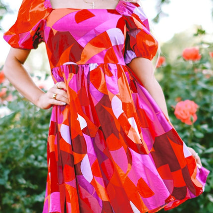 Printed Square Neck Puff Sleeve Dress