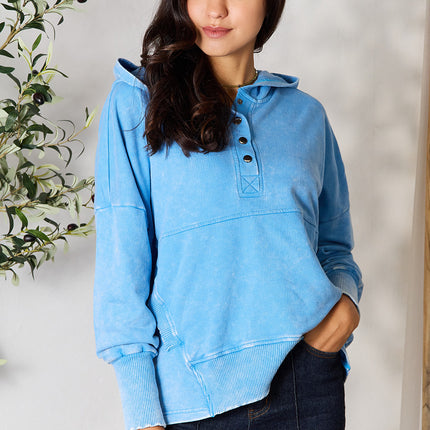 Zenana Half Snap Long Sleeve Hoodie with Pockets