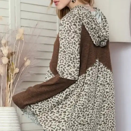 Leopard Ribbed Patchwork Drawstring Hoodie