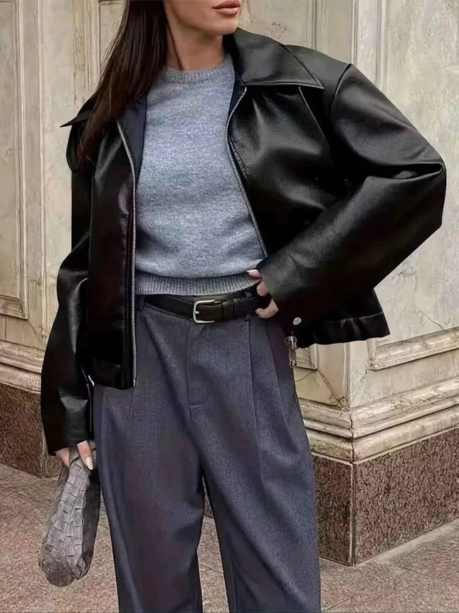 Oversized Faux Leather Zip Up Moto Jacket