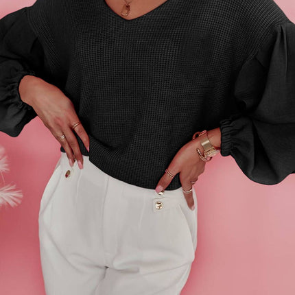 Waffle-Knit V-Neck Long Sleeve Blouse