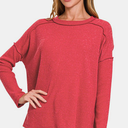 Zenana Full Size Exposed Seam Brushed Round Neck Sweater