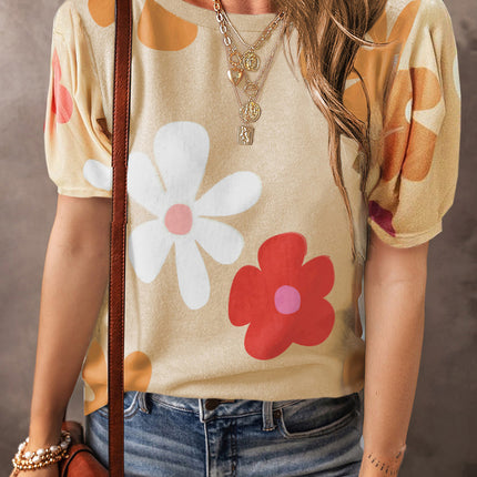 Flower Round Neck Short Sleeve Blouse