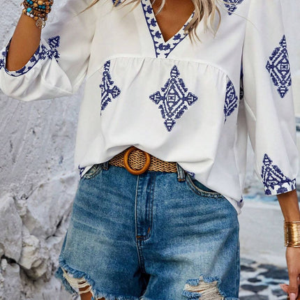 Printed V-Neck Three-Quarter Sleeve Blouse