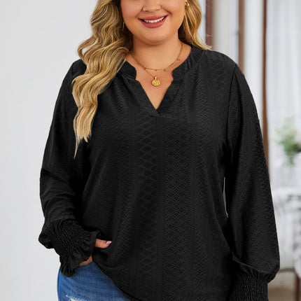 Plus Size Eyelet Notched Flounce Sleeve Blouse