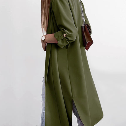 Slit Open Front Roll-Tab Sleeve Trench Coat