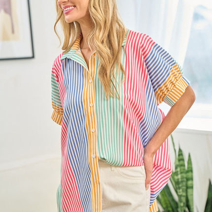 First Love Full Size Striped Button Down Short Sleeve Shirt