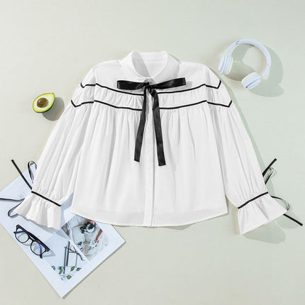 Ribbon Bowtie Collared Neck Flounce Sleeve Shirt