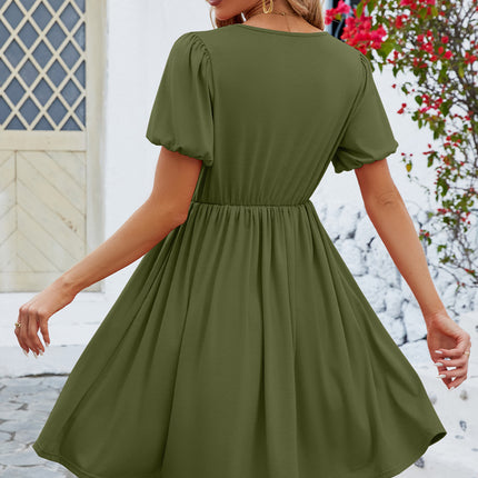 V-Neck Balloon Short Sleeve Dress