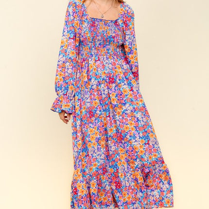 Haptics Smocked Floral Square Neck Flounce Sleeve Dress