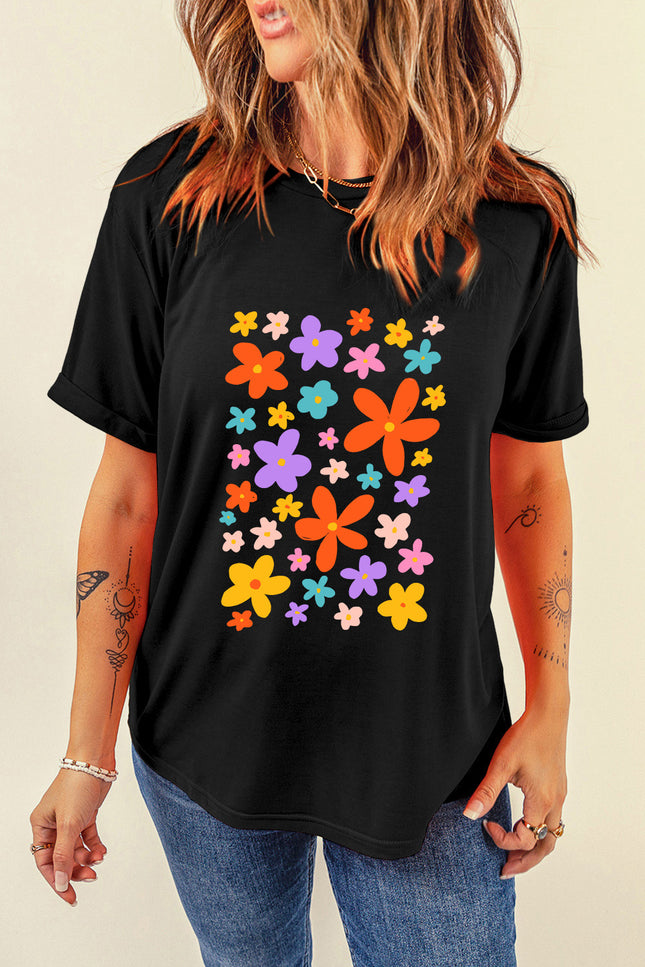 Flower Graphic Round Neck Short Sleeve T-Shirt - Vickie Lynn's