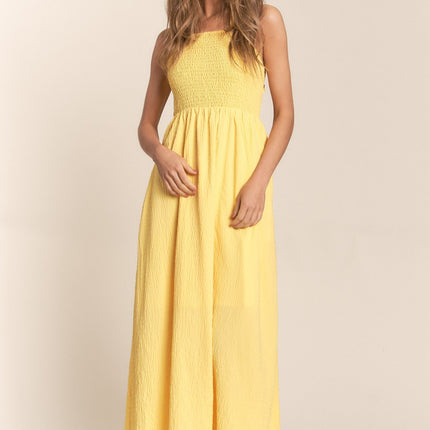 J.NNA Texture Crisscross Back Tie Smocked Maxi Dress