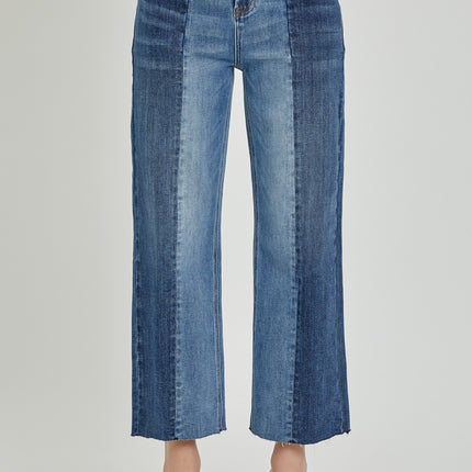 RISEN Full Size Mid-Rise Waist Two-Tones Jeans with Pockets