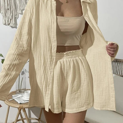 Dropped Shoulder Button Up Top and Elastic Waist Shorts Set