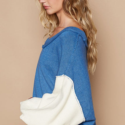 POL Exposed Seam Contrast V-Neck Lantern Sleeve Sweater