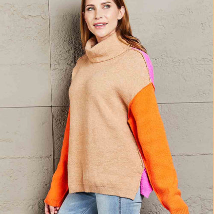 Double Take Color Block Turtleneck Slit Sweater