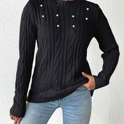 Cable-Knit Round Neck Long Sleeve Sweater