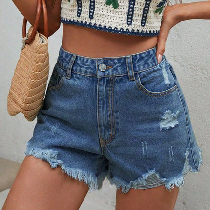 Distressed Raw Hem Denim Shorts