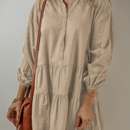 Tiered Collared Neck Balloon Sleeve Shirt Dress