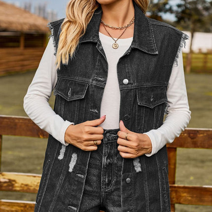 Sleeveless Button-Up Collared Denim Top with Pockets