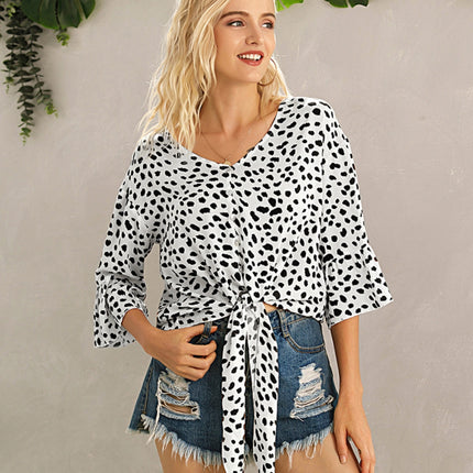 Tied Printed Button Up V-Neck Blouse