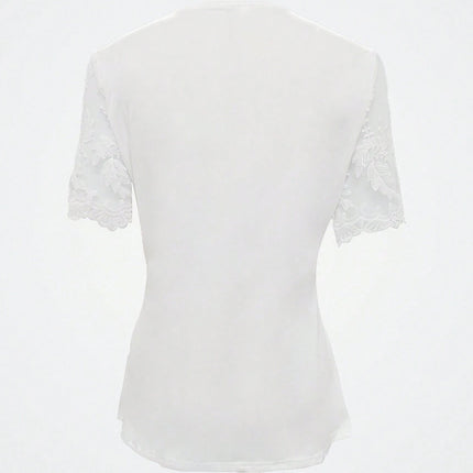 Notched Lace Short Sleeve Top