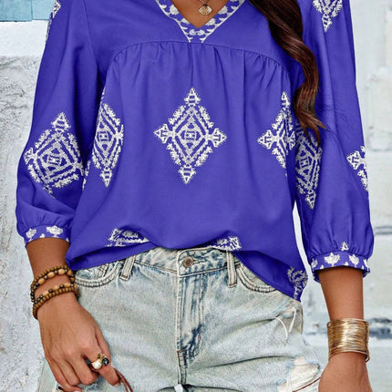 Printed V-Neck Three-Quarter Sleeve Blouse