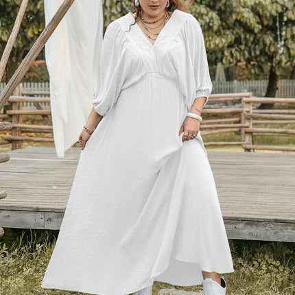 Plus Size Swiss Dot V-Neck Three-Quarter Sleeve Dress
