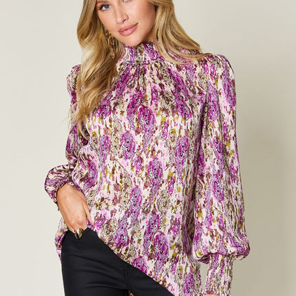 Double Take Full Size Printed Smocked Long Sleeve Blouse